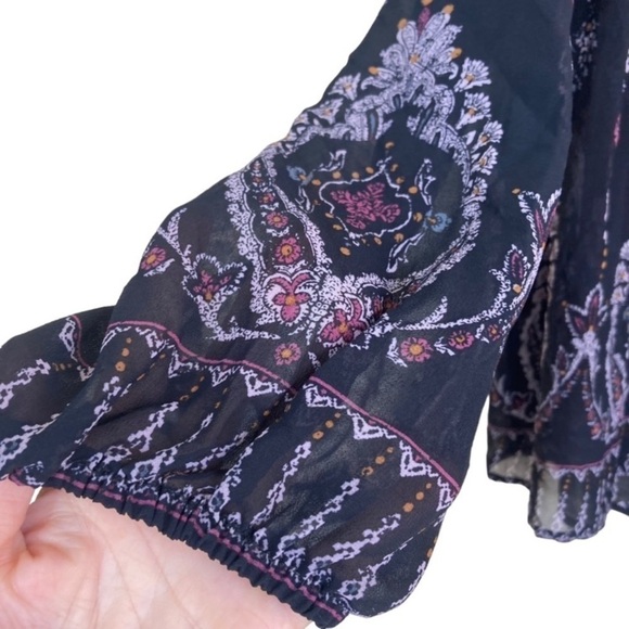 Knox Rose Boho Fairycore Goth Velvet Detail Peasant Blouse Black Pink Sheer Sz L - Picture 8 of 13